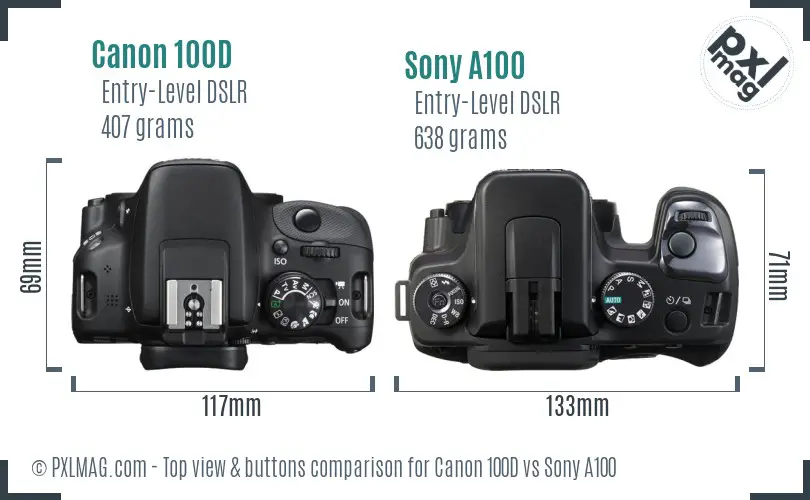 Canon 100D vs Sony A100 top view buttons comparison Canon 100D vs Sony A100 top view buttons comparison