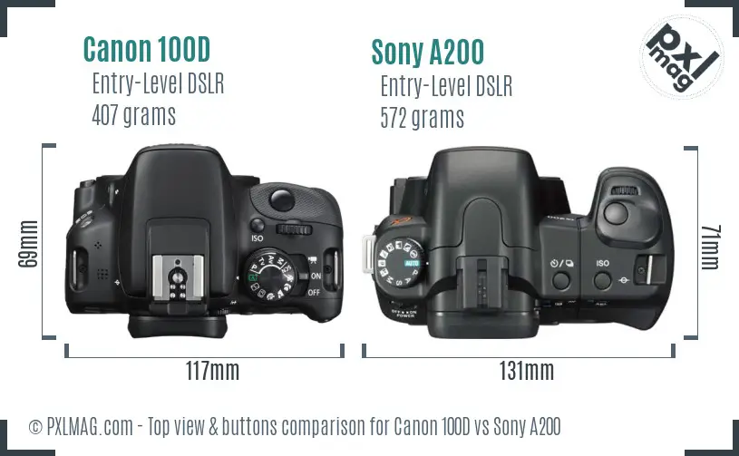 Canon 100D vs Sony A200 top view buttons comparison