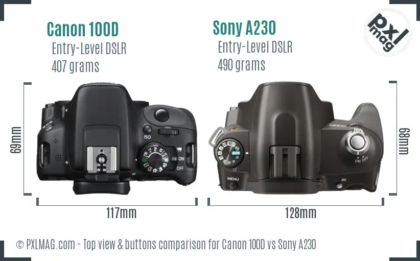 Canon 100D vs Sony A230 top view buttons comparison