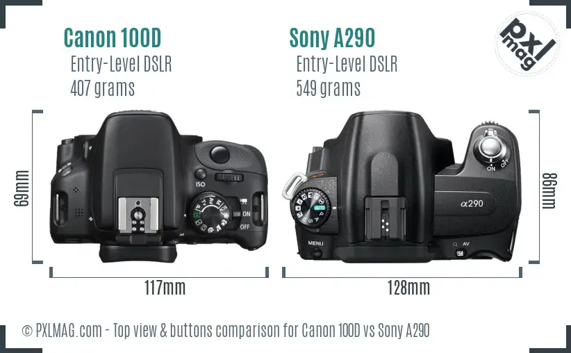 Canon 100D vs Sony A290 top view buttons comparison