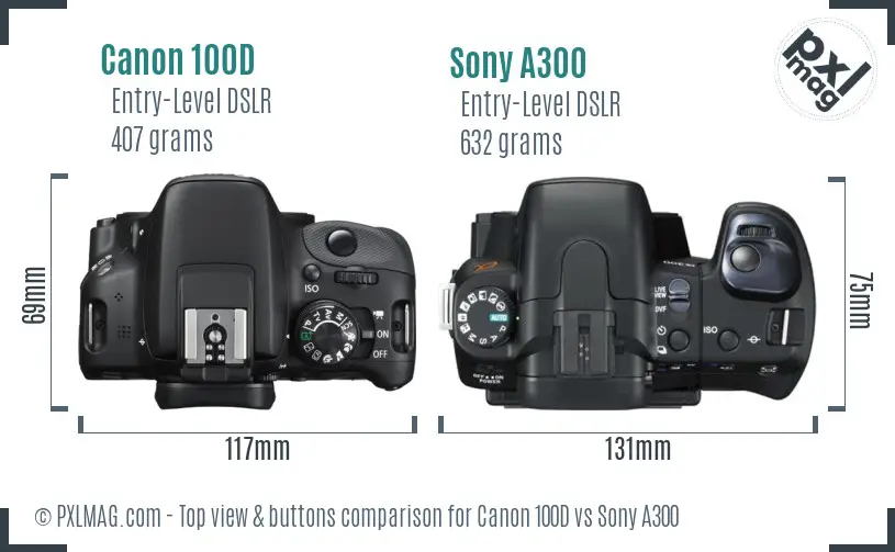 Canon 100D vs Sony A300 top view buttons comparison