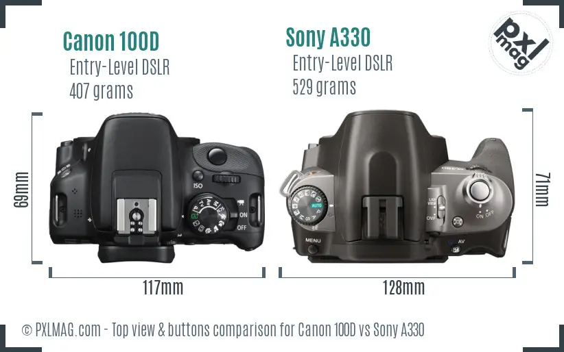 Canon 100D vs Sony A330 top view buttons comparison