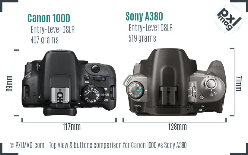 Canon 100D vs Sony A380 top view buttons comparison