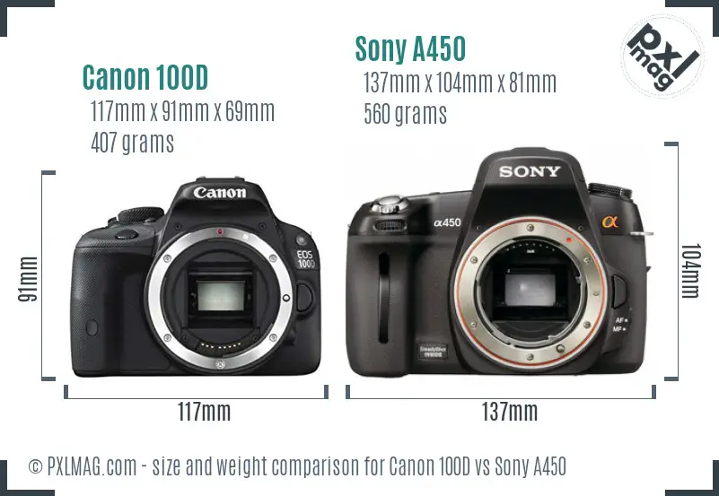 Canon 100D vs Sony A450 size comparison