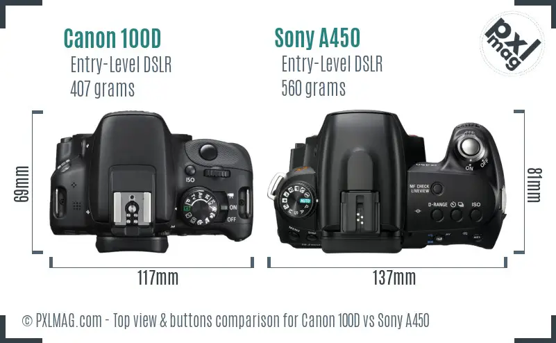 Canon 100D vs Sony A450 top view buttons comparison