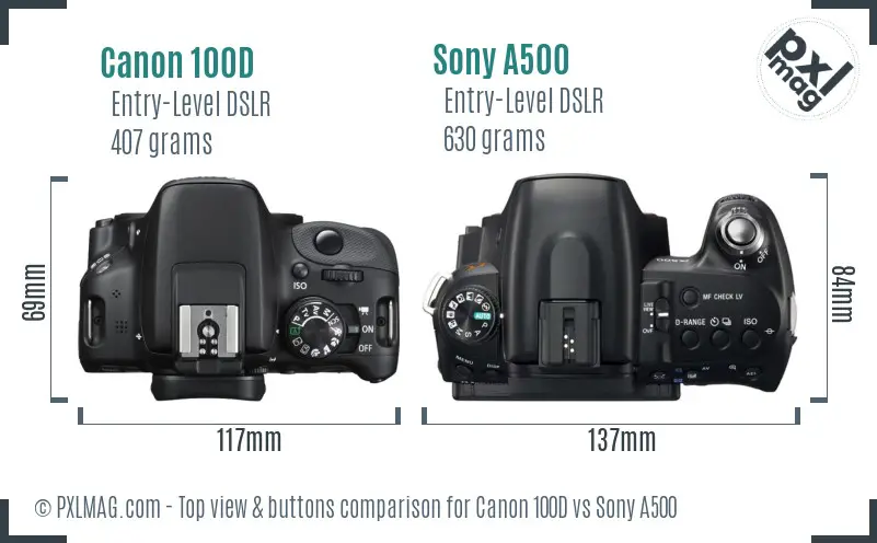 Canon 100D vs Sony A500 top view buttons comparison