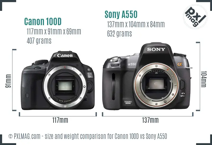 Canon 100D vs Sony A550 size comparison