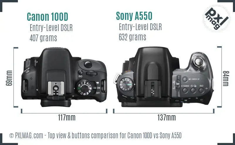 Canon 100D vs Sony A550 top view buttons comparison