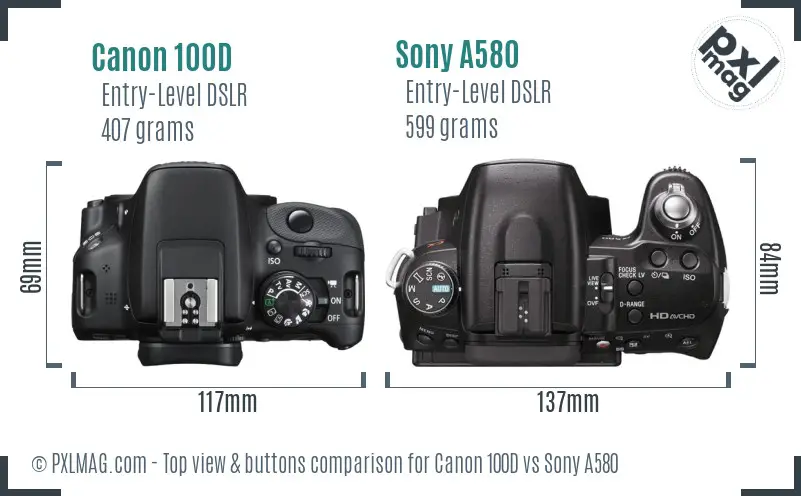 Canon 100D vs Sony A580 top view buttons comparison