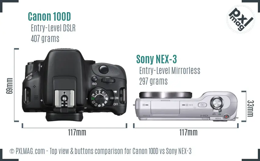 Canon 100D vs Sony NEX-3 top view buttons comparison