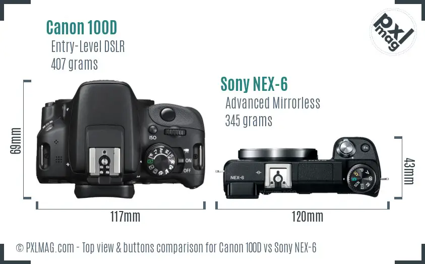 Canon 100D vs Sony NEX-6 top view buttons comparison Canon 100D vs Sony NEX-6 top view buttons comparison
