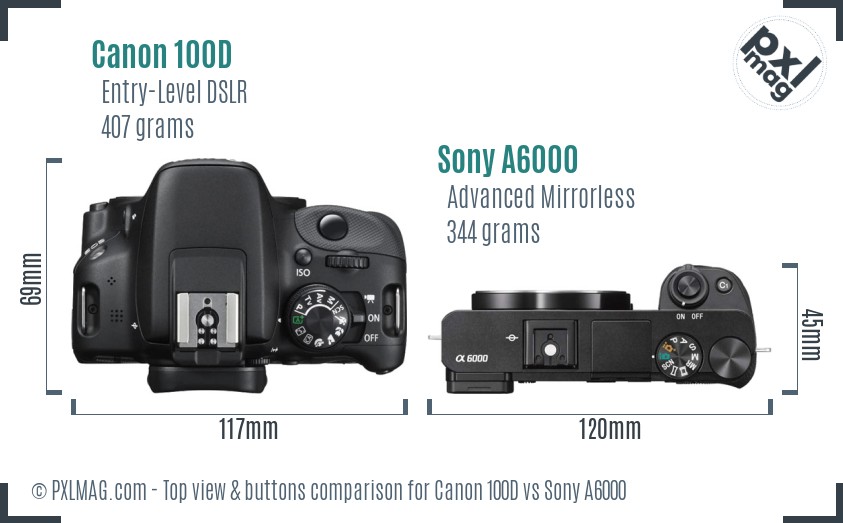 Canon 100D vs Sony A6000 top view buttons comparison