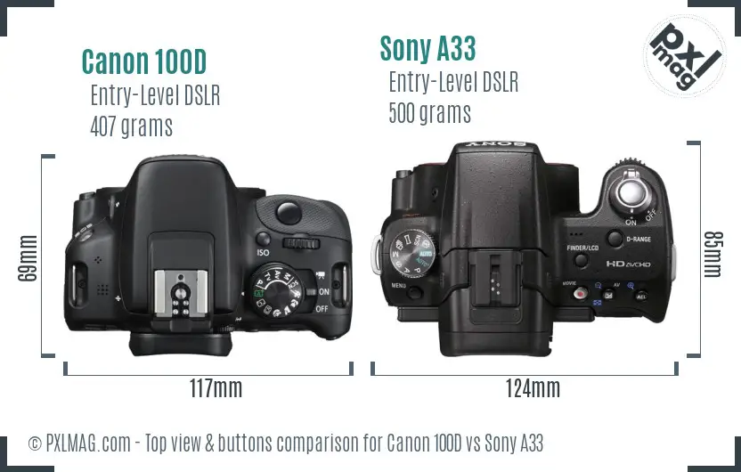 Canon 100D vs Sony A33 top view buttons comparison