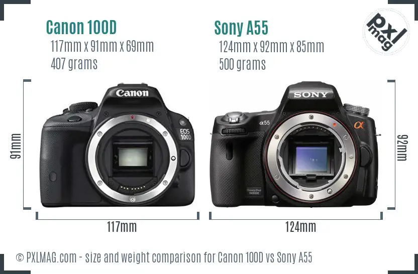 Canon 100D vs Sony A55 size comparison