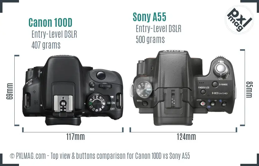 Canon 100D vs Sony A55 top view buttons comparison