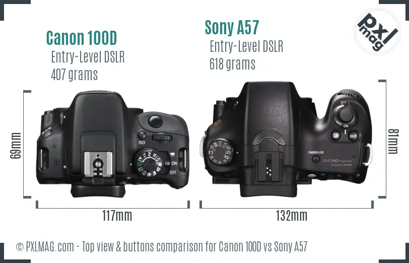 Canon 100D vs Sony A57 top view buttons comparison