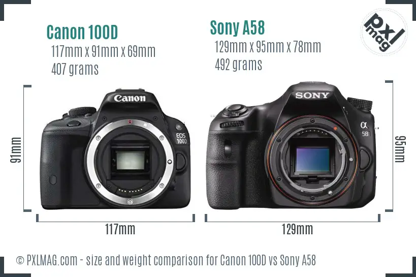 Canon 100D vs Sony A58 size comparison