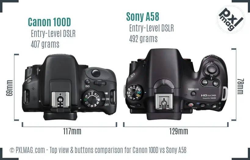 Canon 100D vs Sony A58 top view buttons comparison