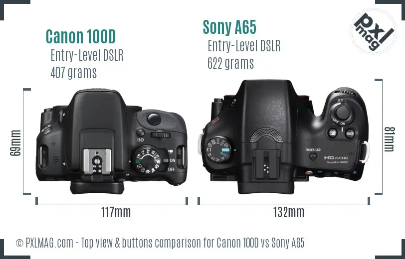 Canon 100D vs Sony A65 top view buttons comparison