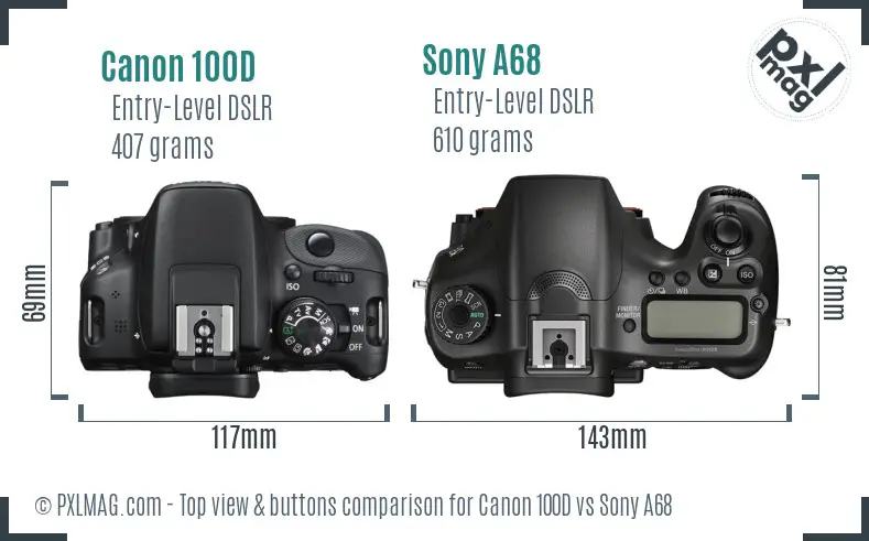 Canon 100D vs Sony A68 top view buttons comparison
