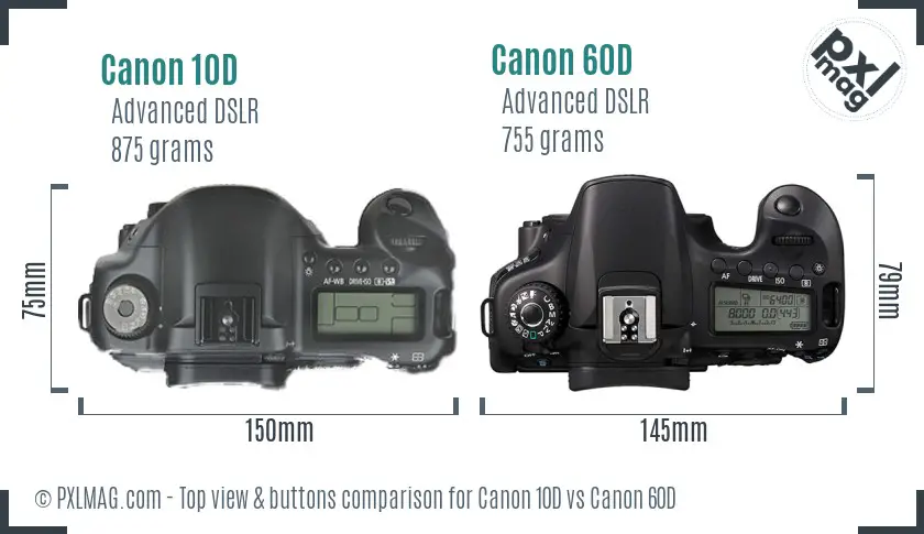 Canon 10D vs Canon 60D top view buttons comparison