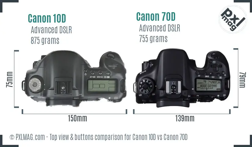 Canon 10D vs Canon 70D top view buttons comparison