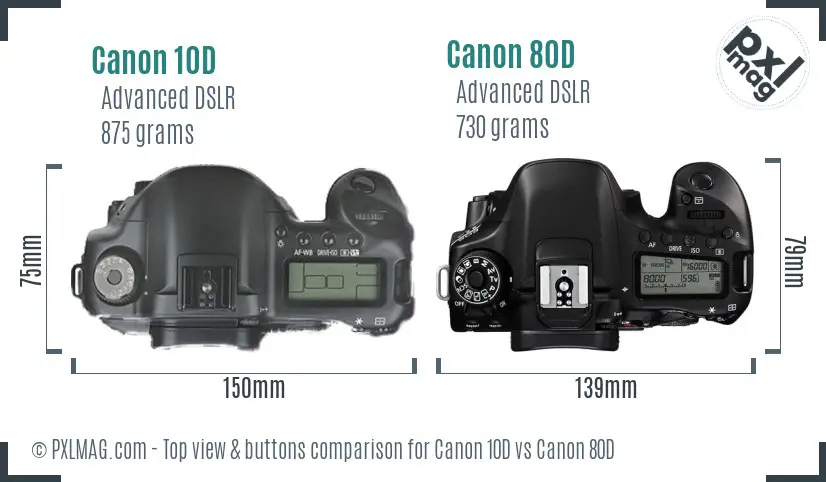 Canon 10D vs Canon 80D top view buttons comparison
