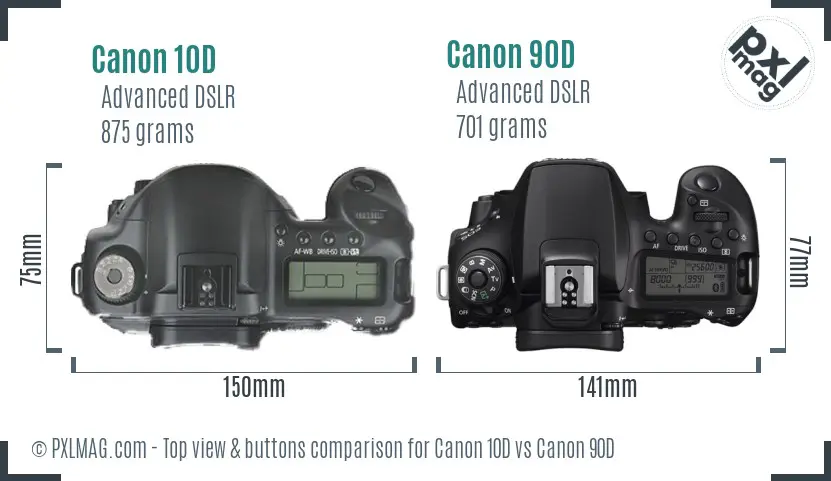 Canon 10D vs Canon 90D top view buttons comparison