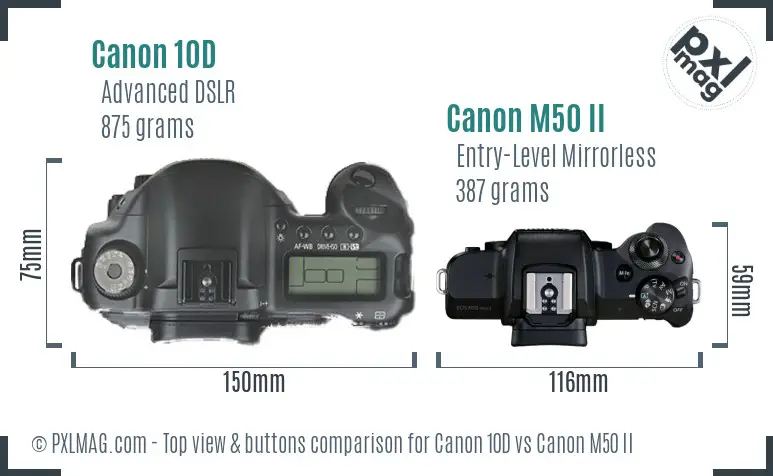 Canon 10D vs Canon M50 II top view buttons comparison
