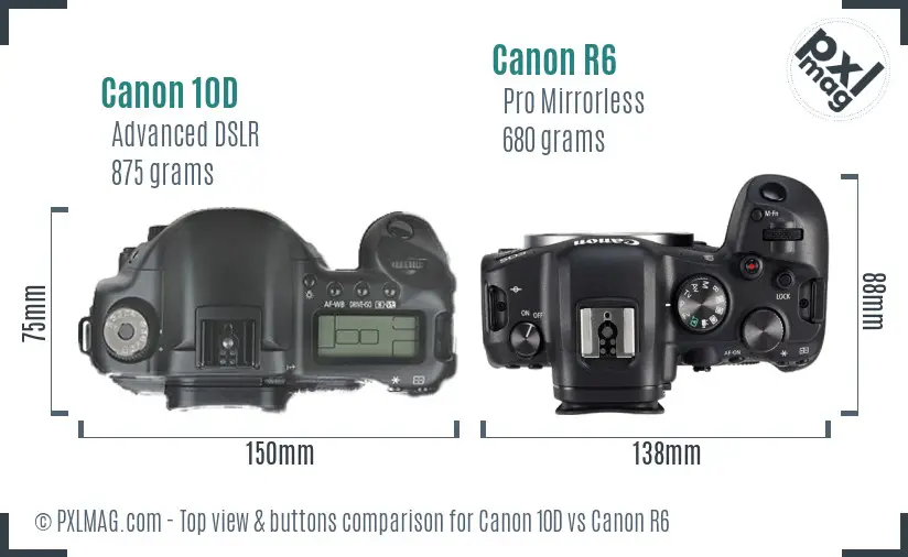 Canon 10D vs Canon R6 top view buttons comparison Canon 10D vs Canon R6 top view buttons comparison