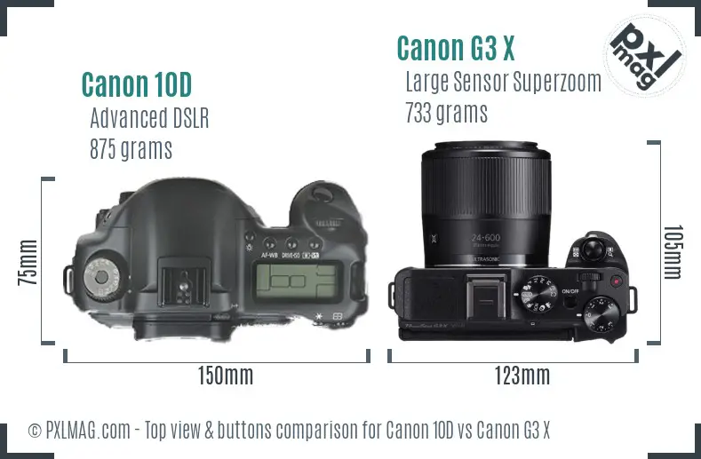 Canon 10D vs Canon G3 X top view buttons comparison