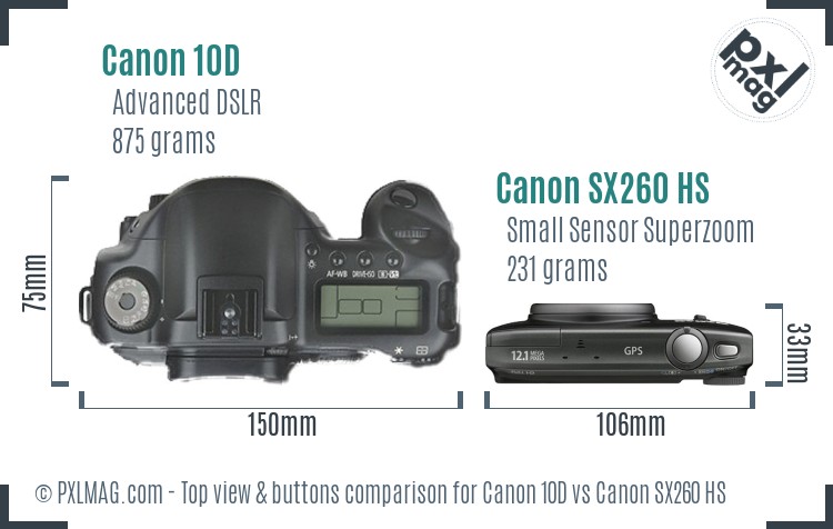 Canon 10D vs Canon SX260 HS top view buttons comparison