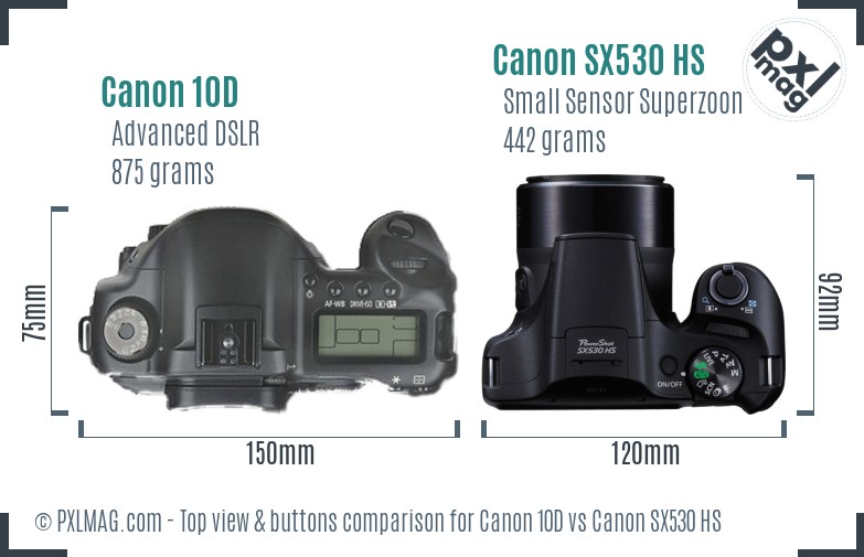 Canon 10D vs Canon SX530 HS top view buttons comparison