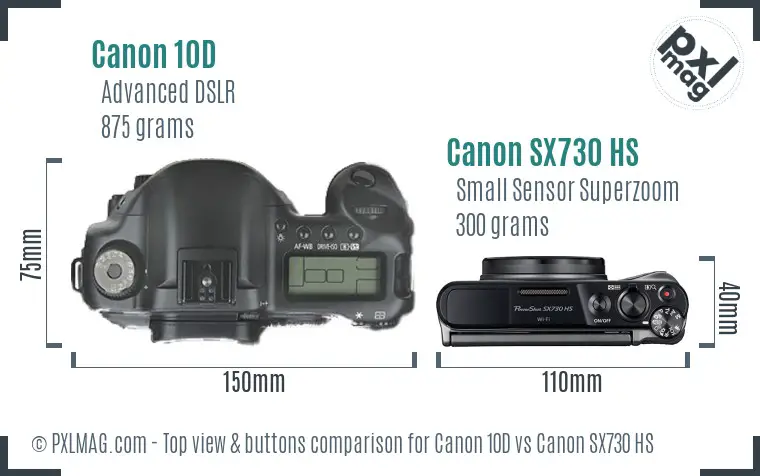 Canon 10D vs Canon SX730 HS top view buttons comparison Canon 10D vs Canon SX730 HS top view buttons comparison
