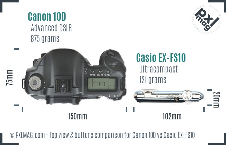 Canon 10D vs Casio EX-FS10 top view buttons comparison