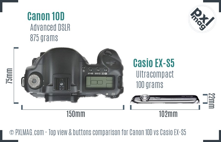 Canon 10D vs Casio EX-S5 top view buttons comparison