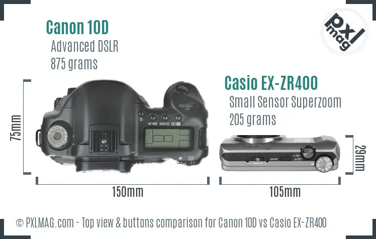 Canon 10D vs Casio EX-ZR400 top view buttons comparison Canon 10D vs Casio EX-ZR400 top view buttons comparison