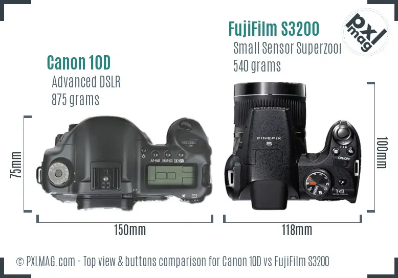 Canon 10D vs FujiFilm S3200 top view buttons comparison Canon 10D vs FujiFilm S3200 top view buttons comparison