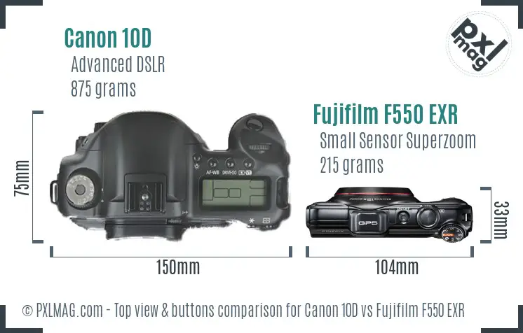 Canon 10D vs Fujifilm F550 EXR top view buttons comparison