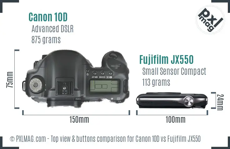 Canon 10D vs Fujifilm JX550 top view buttons comparison Canon 10D vs Fujifilm JX550 top view buttons comparison