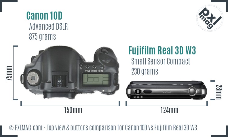 Canon 10D vs Fujifilm Real 3D W3 top view buttons comparison
