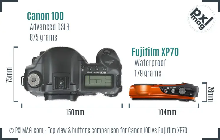 Canon 10D vs Fujifilm XP70 top view buttons comparison