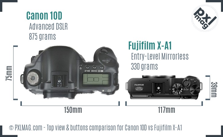 Canon 10D vs Fujifilm X-A1 top view buttons comparison