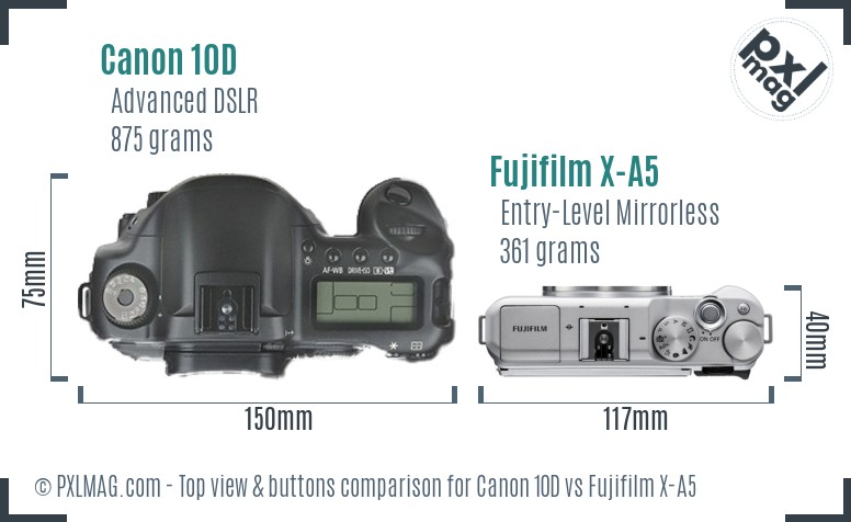 Canon 10D vs Fujifilm X-A5 top view buttons comparison