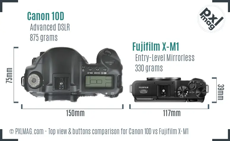 Canon 10D vs Fujifilm X-M1 top view buttons comparison
