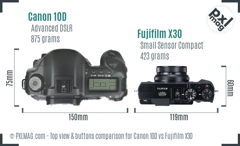 Canon 10D vs Fujifilm X30 top view buttons comparison
