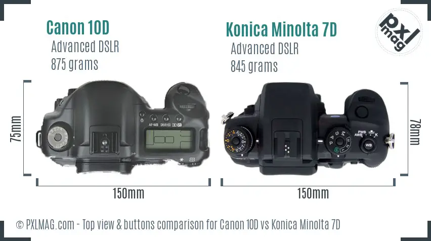 Canon 10D vs Konica Minolta 7D top view buttons comparison