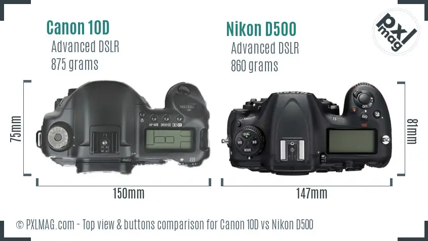 Canon 10D vs Nikon D500 top view buttons comparison
