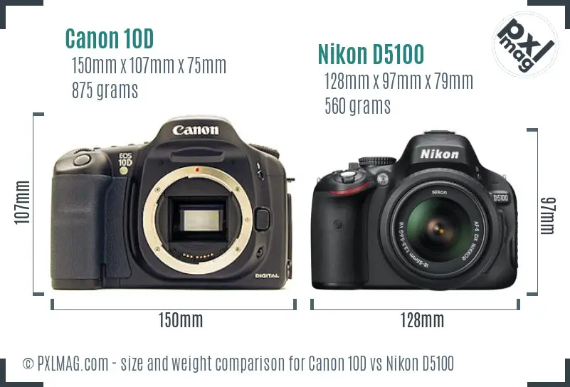 Canon 10D vs Nikon D5100 size comparison