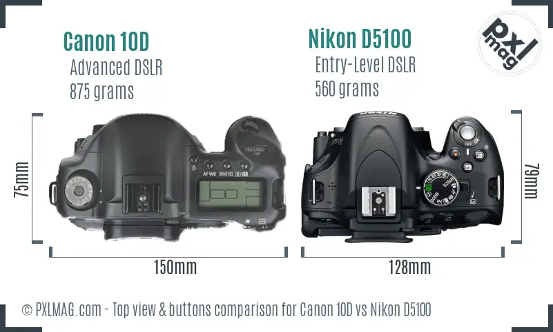 Canon 10D vs Nikon D5100 top view buttons comparison